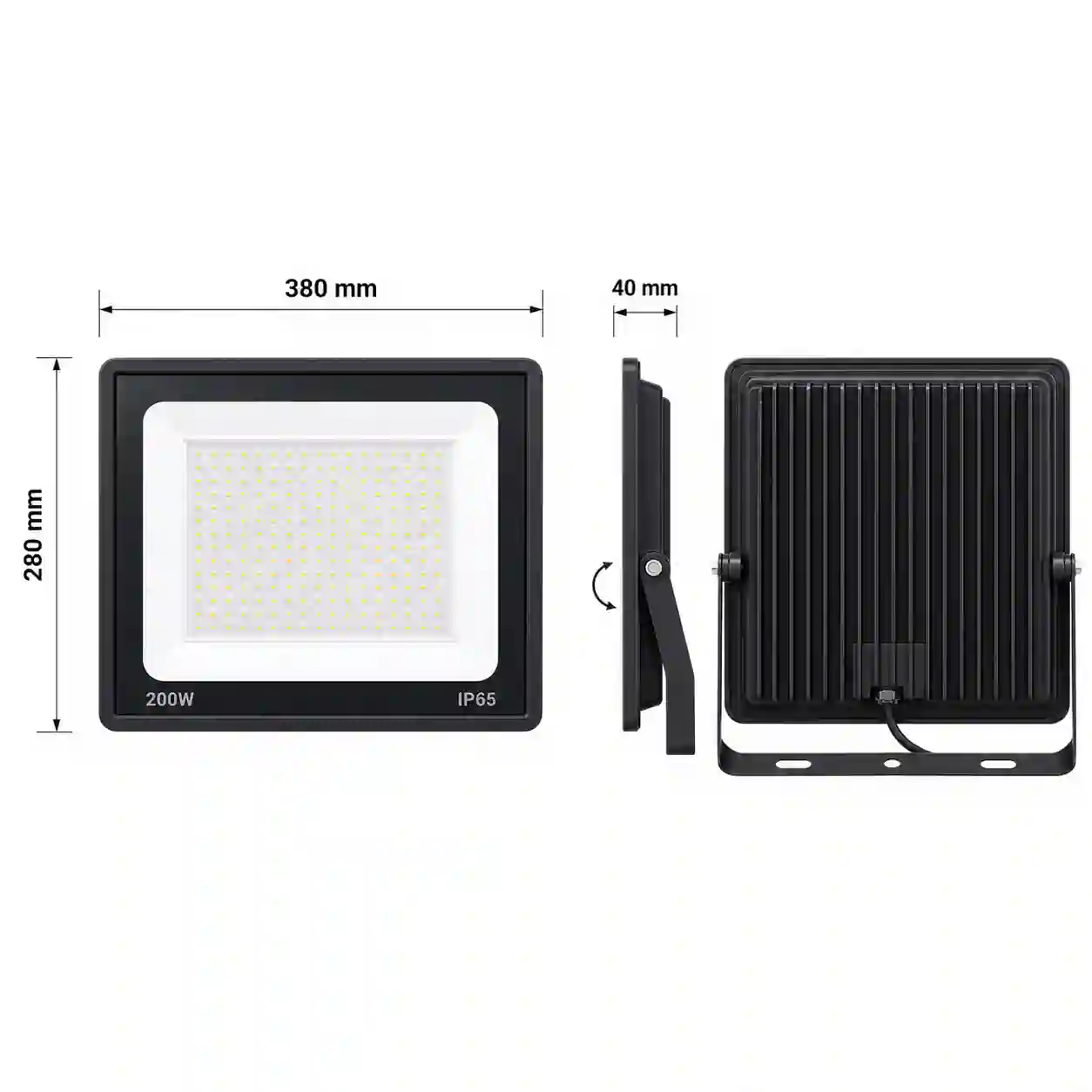 Rozměrový nákres LED reflektoru LEVE 200W s hodnotami 380 x 280 x 40 mm a montážním třmenem